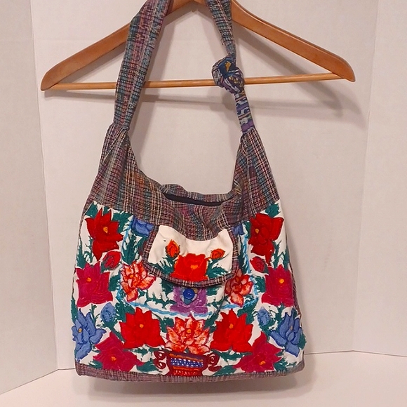 Embroidered Hobo Bag Crossbody Floral and Plaid BOHO Bohemian - Picture 3 of 7